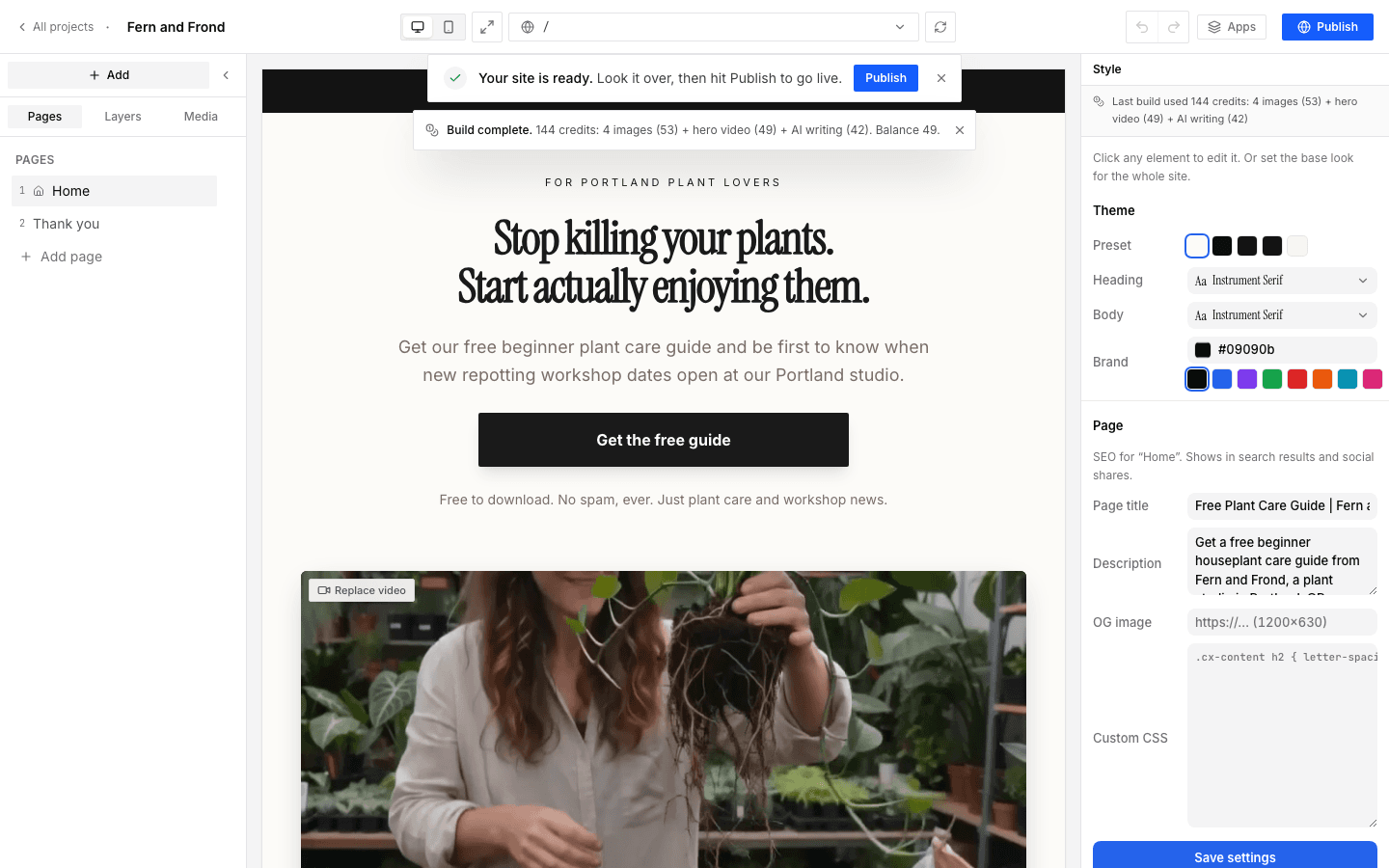 The ChrisX editor seconds after an AI build: the finished site in the canvas, the build-complete credit receipt, and the Publish button ready to put it live.