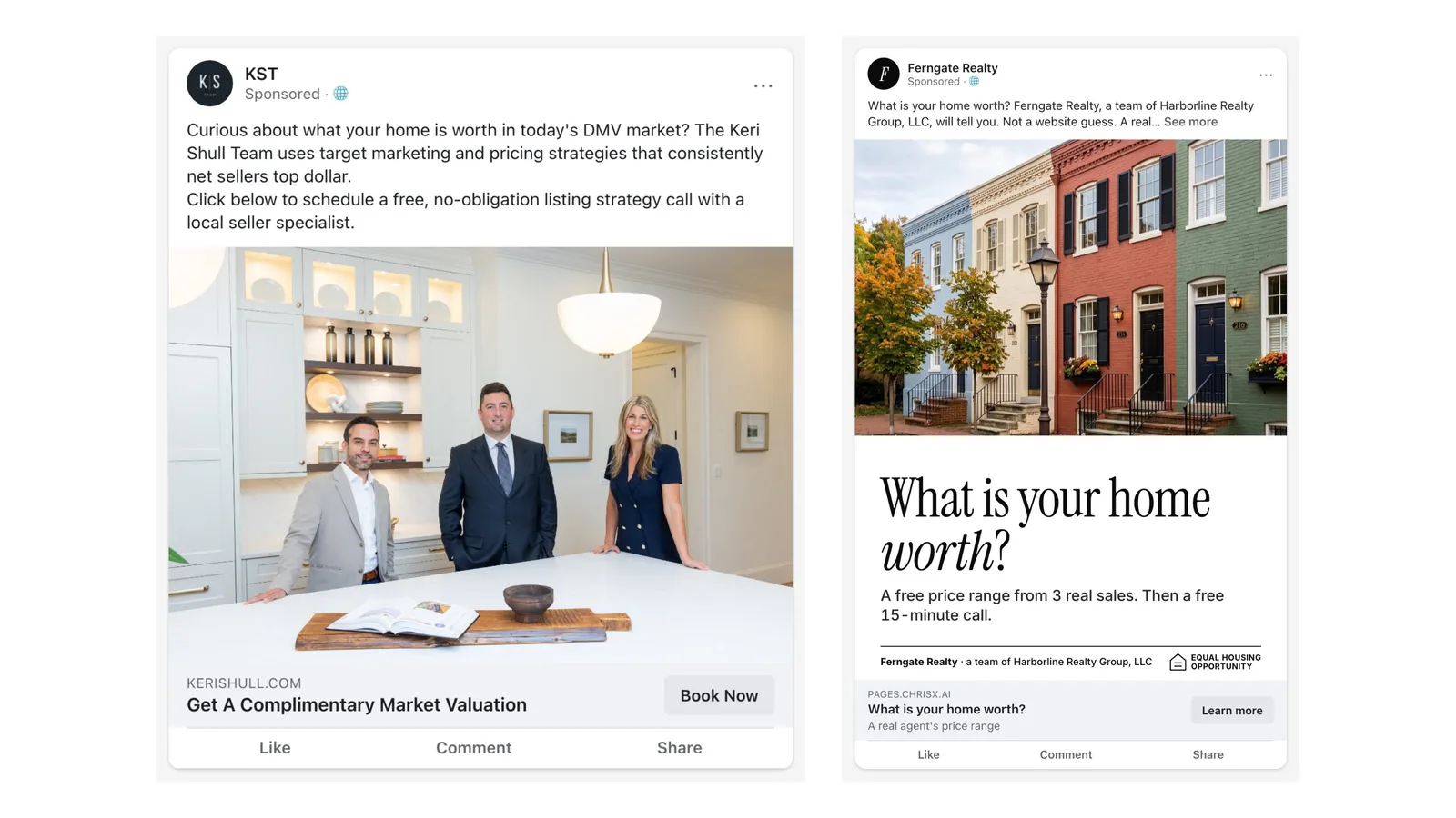 Left, the winner's real Meta ad in Alexandria; right, the rebuild for Ferngate Realty, at the same size