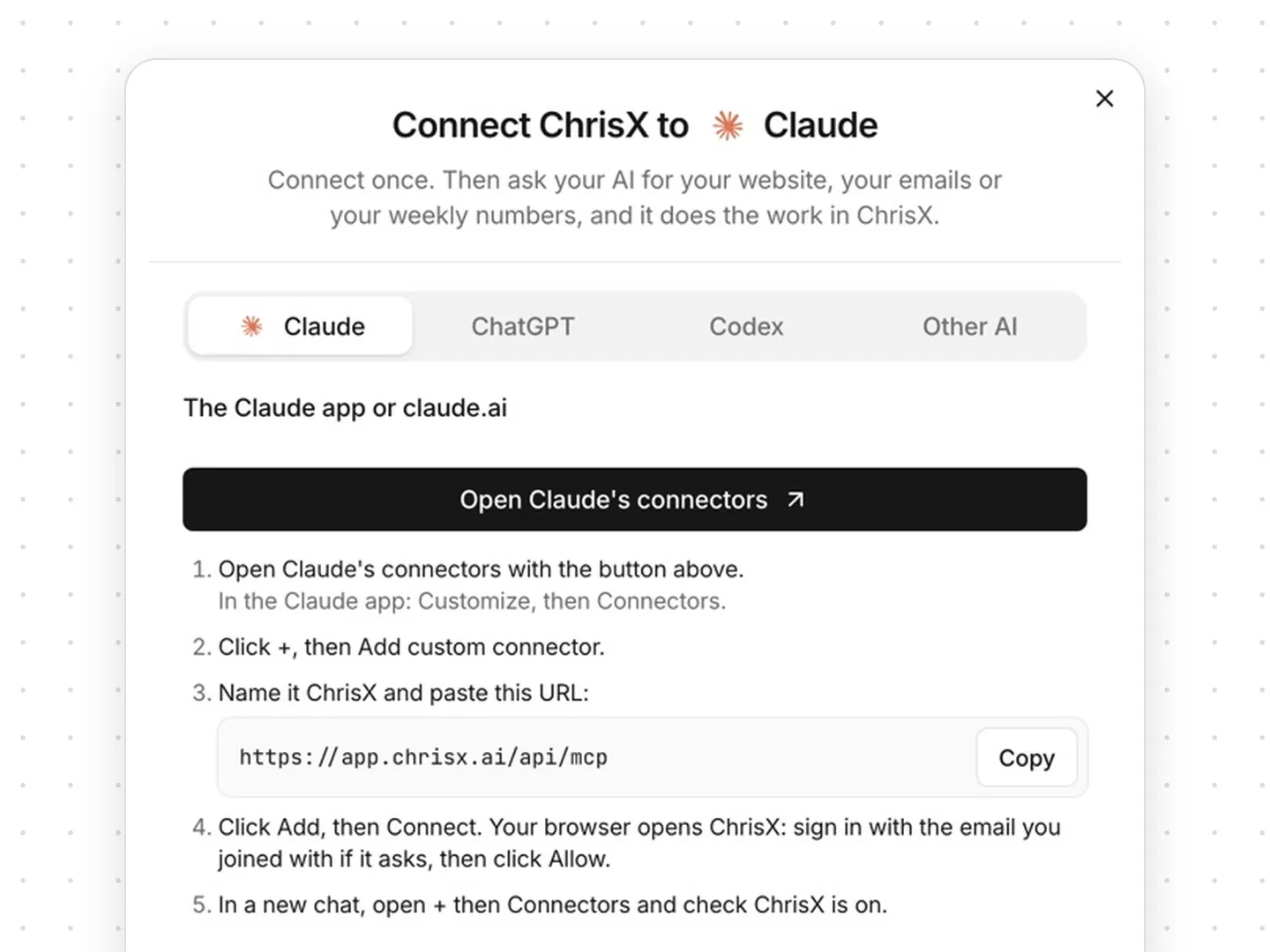 The box that connects your Claude to AVA: open Claude's connectors, add a custom connector, paste the address, connect