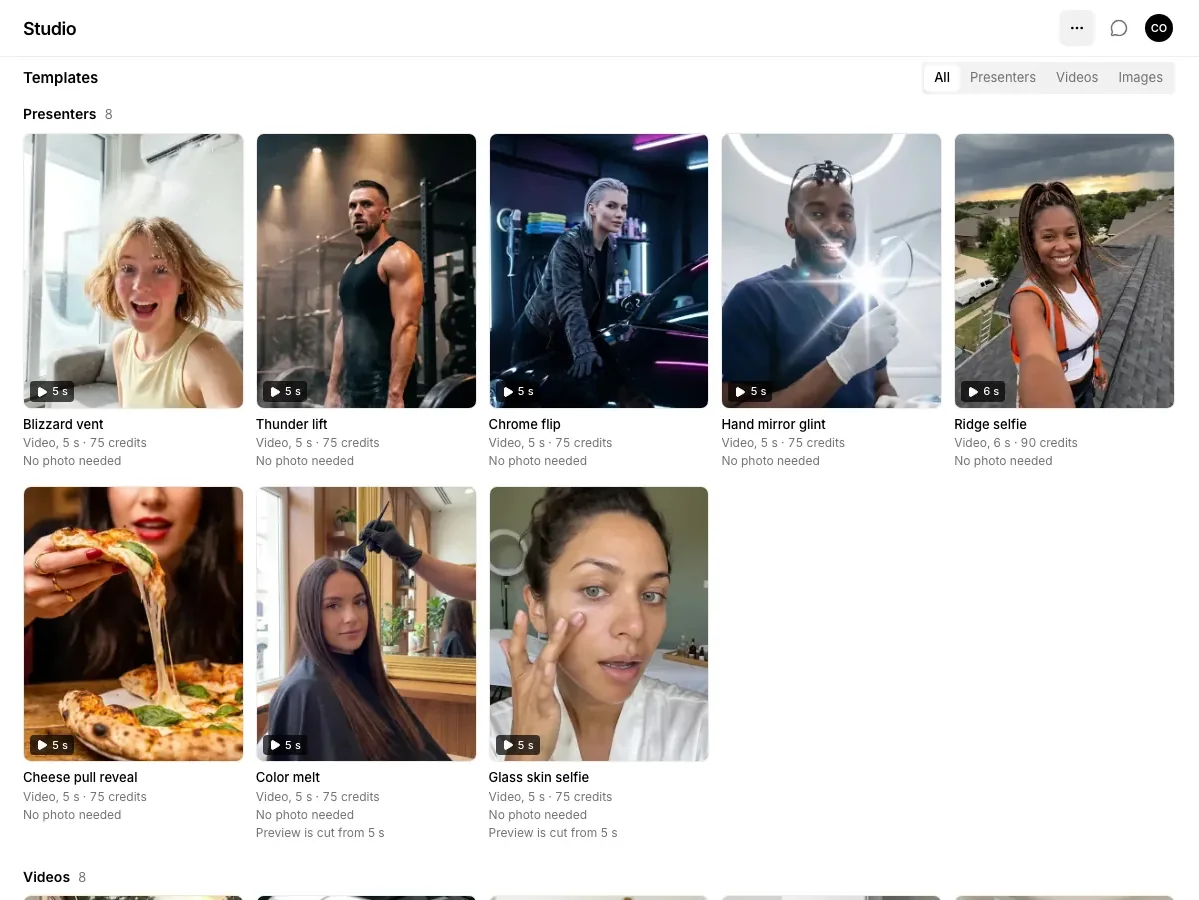 Video templates with a presenter, each with its credit price