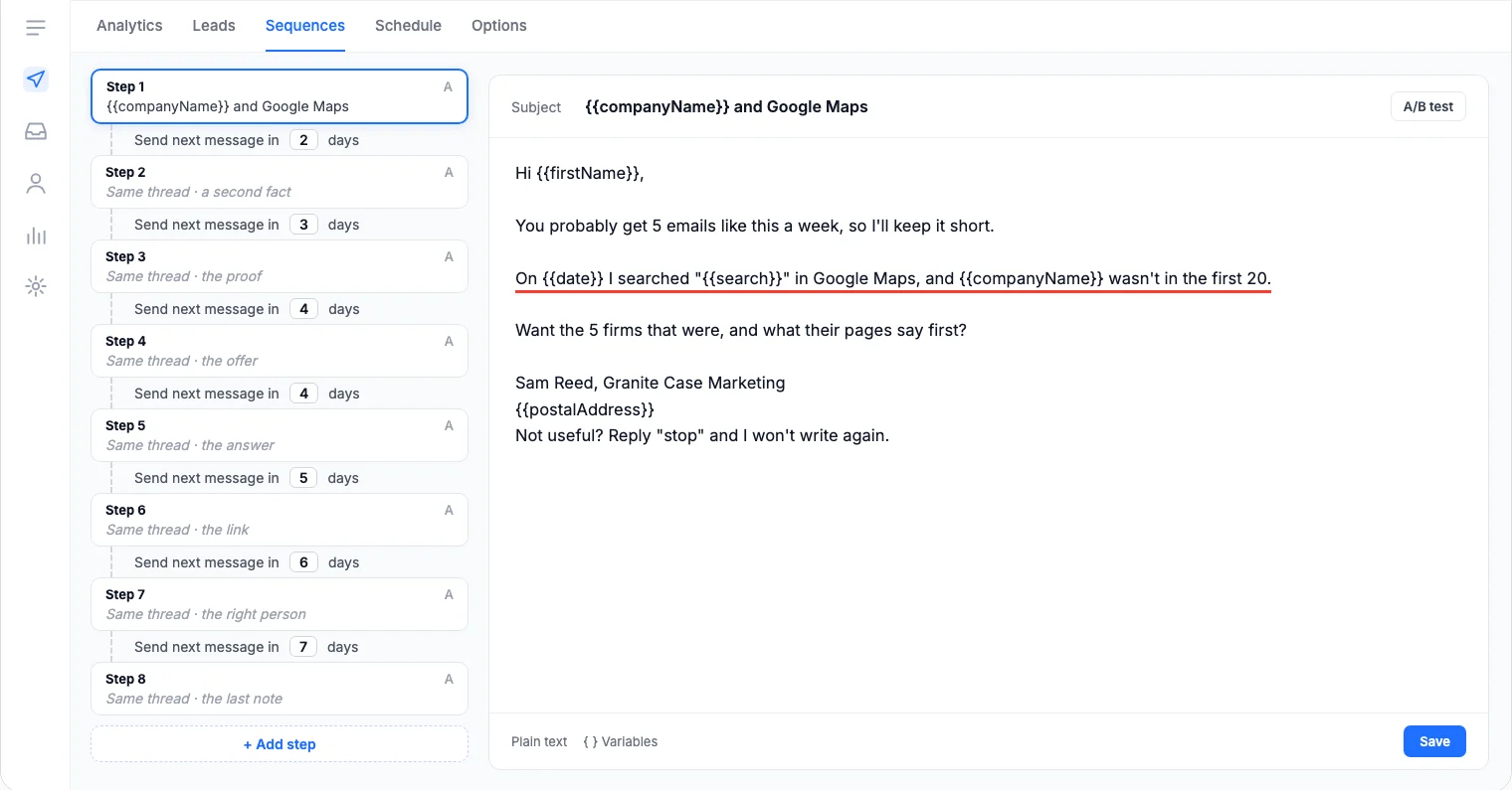 A cold email sequence in Instantly: 8 emails to injury firms in Houston, the first one open: their name, the search, and the 5 firms that came up first