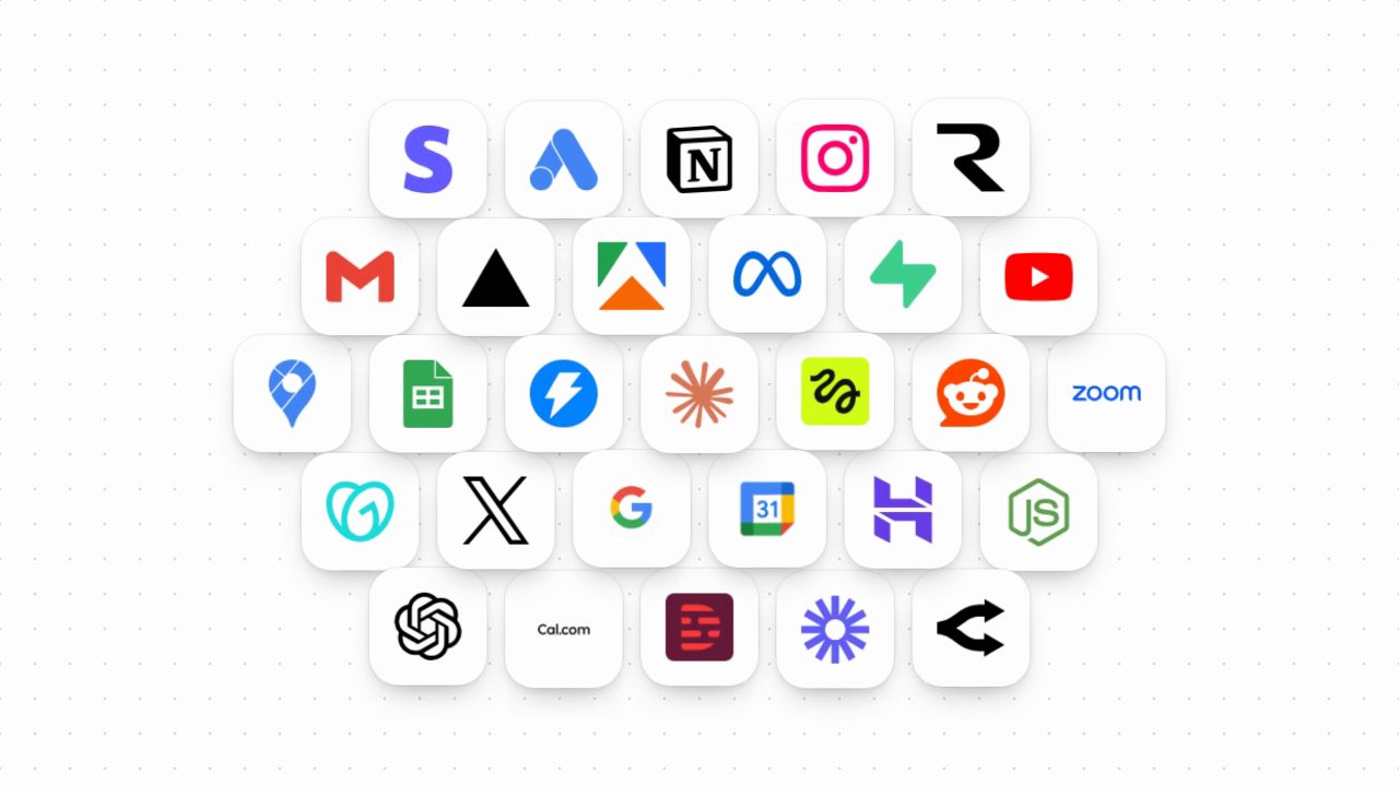 The tools an agency runs: Stripe, Google Ads, Notion, Instagram, Gmail, Meta, YouTube, Google Maps, Sheets, Zoom, X, Google Calendar, ChatGPT, Cal.com and more.